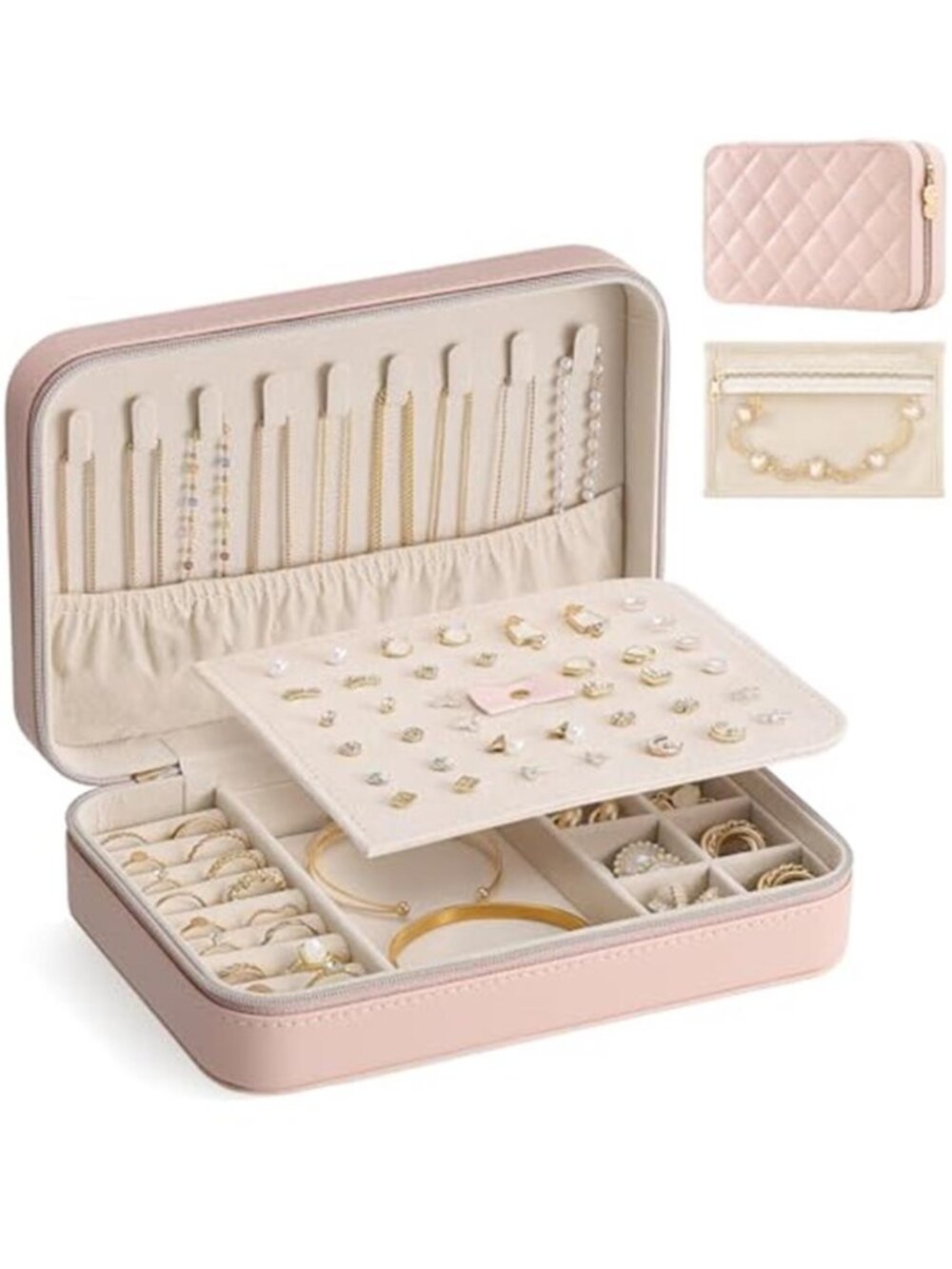 Women Pink Faux Leather Travel Jewelry Case Compact Storage Organizer Portable
